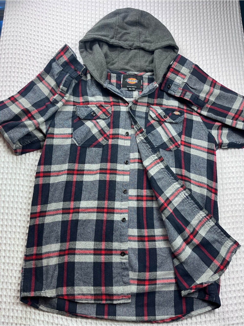Dickies XL Plaid Flannel Hooded Shirt Jacket Red Navy Gray